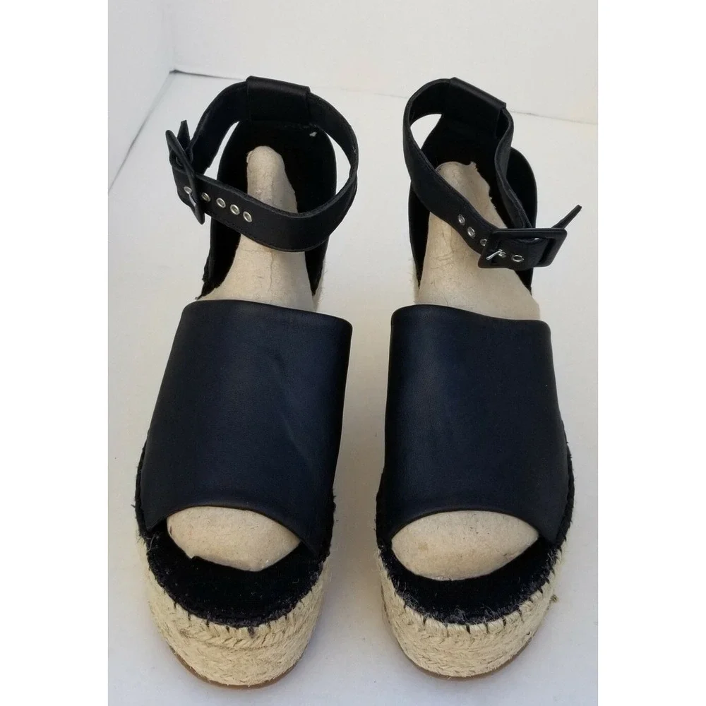 FREE PEOPLE Black Leather Open Toe Ankle Straps Platform Espadrille Sandal Sz 40